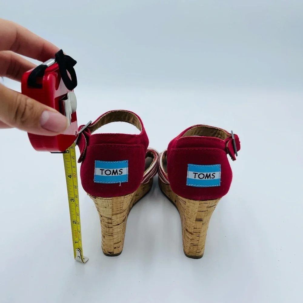 TOMS Multi Strap Red Striped Cork Wedges